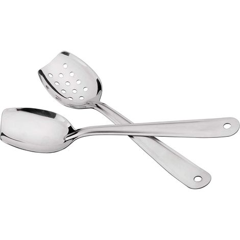 Cucchiaio da zuppa a fondo piatto, cucchiaio cavo in acciaio inossidabile 18/8, cucchiaio a bordo piatto da 25 cm, cucchiaio da cucina, set da 2, cucchiaio da portata, colino da portata