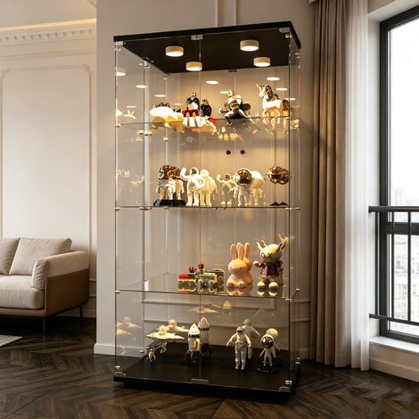 Vitrine en verre trempé 4 niveaux – Éclairage LED réglable – fond miroir arrière – double porte – Serrure de sécurité – Dimensions 80.5x36.5x164 cm