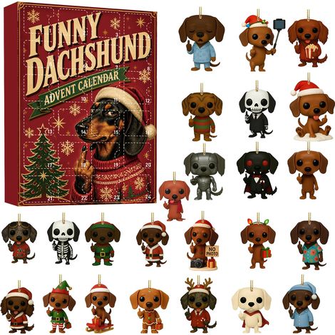Dackel-Adventskalender 2026 – 24-teilig – mehrfarbig – Acryl – 7 cm große Mini-Anhänger – lustiges Dackel-Design – Christbaumschmuck – geeignet für Weihnachten und als Dekoration für den Wohnbereich (1/4)