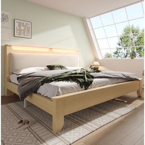 CHICFURN Cama doble 140x200 cm de madera beige con cabecero, almacenaje, LED y colchón (1/5)