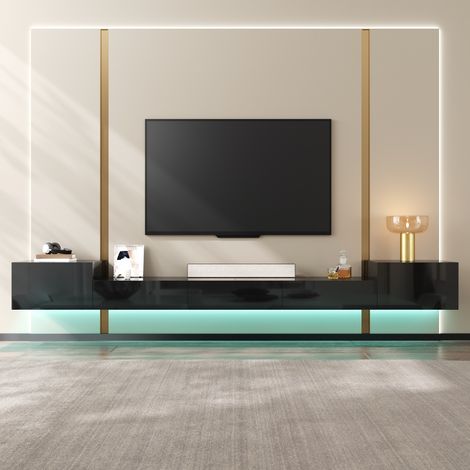 Mobile TV sospeso 245 cm con LED controllabile da App, 5 ante lucide anti-impronta, design moderno - Nero (1/5)