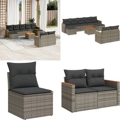 10-tlg. Garten-Sofagarnitur mit Kissen Grau Poly Rattan - Gartenmöbel - Outdoor-Möbel - Rattanmöbel - Lounge Set - Esstischset - Home & Living (1/5)