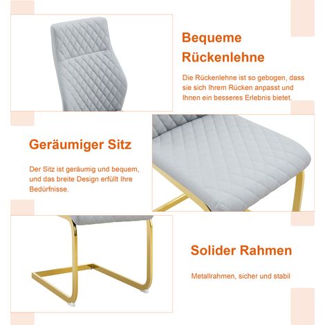 Table ronde 60 cm en MDF aspect bois, pied doré, avec 2 chaises de salle à manger gris clair à motif losange et piètement métal doré. (1/5)