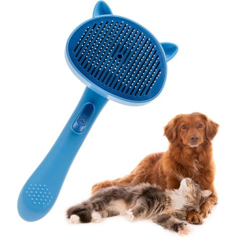 Bürste für Hunde und Katzen, Haarentfernungsbürste für langes und kurzes Fell, Reinigung von Tierhaaren mit einem Klick, Massagekamm (blau) (1/5)