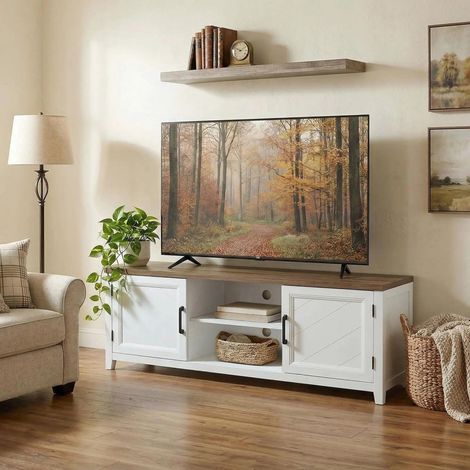 Mobile porta TV da 140 cm, adatto a televisori fino a 65 pollici, con 2 ante e 2 vani a giorno, colore bianco e marrone.