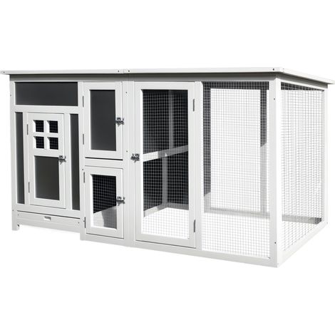 Poulailler en bois de 160 x 75 x 80 cm, avec porte, pondoir, toit étanche, tiroir amovible, perchoirs et espace de jeu. Convient pour 1 à 2 poules et idéal pour le jardin. Coloris gris-blanc.