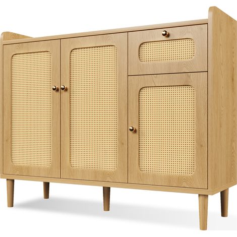 Credenza 120 x 40 x 91 cm effetto rovere con 3 ante in rattan e 1 cassetto (1/5)