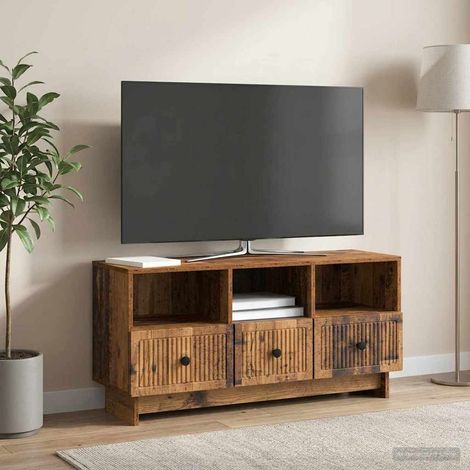 Meuble TV 3 tiroirs en bois d’ingénierie, style vintage, bois ancien, 102 x 34,5 x 50 cm - PANGIVO (1/5)