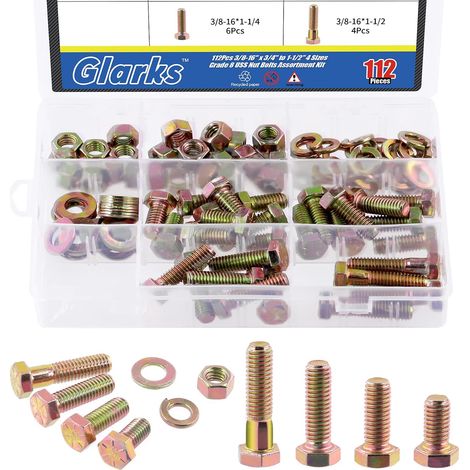 Assortiment de 112 rondelles de boulon d'écrou de grade 8 3/8"-16, y compris 28 écrous hexagonaux, 28 rondelles plates, 28 rondelles de verrouillage et 28 boulons hexagonaux robustes (1/5)