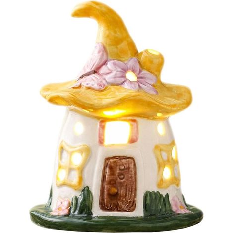 Veilleuse LED - Lampe en céramique - Veilleuse en forme adorable - Maisons en céramique style « Chapeau magique » - Décoration de table rustique - Idéale pour la chambre d'enfant - Décoration pour cha (1/5)