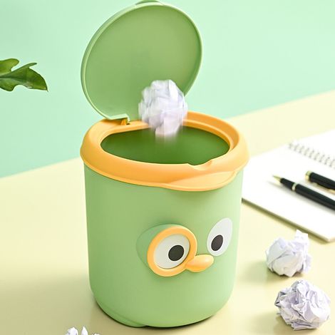 Poubelle de bureau avec couvercle - design cartoon vert - Corbeille de bureau mini en plastique durable - 151g - pour organisation table, chambre, bureau (1/5)