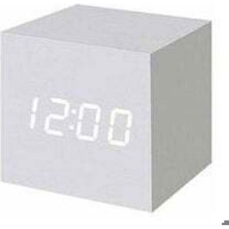 Réveil Numérique - Cube Bois - Affichage Heure Date Température - Alimentation USB ou Piles AAA - 60 mm - Blanc (1/4)