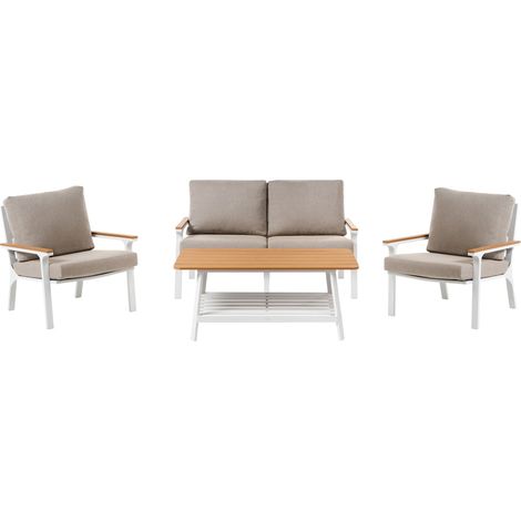 4 Piece Garden Set White and Taupe Aluminium Sofa with 2 Chairs and Coffee Table ORERO