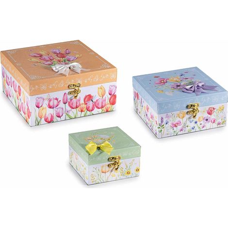 Scatole in legno foderato con stampa floreale, fiocco e gancio chiusura, Grande: cm 20 x 20 x 10 H