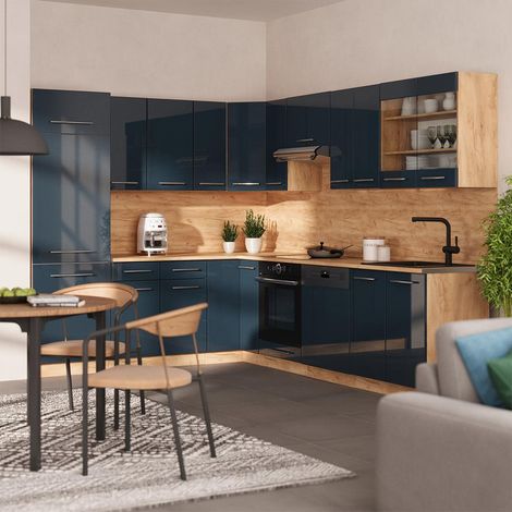 Cuisine en angle Fame-Line, Bleu foncé brillant/Anthracite, 347 x 257 cm, PT Chêne, Vicco