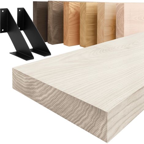 LAMO Manufaktur Étagère murale avec supports en V noirs Étagère 140 cm largeur pour salle de bain, couloir, cuisine style industriel Couleur: blanc, Bord: droit Qualité artisanale, bois massif