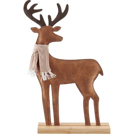 Weihnachtsdeko Hirsch aus hellbraunem Lederimitat mit Schal auf Holzbasis 35,5 cm