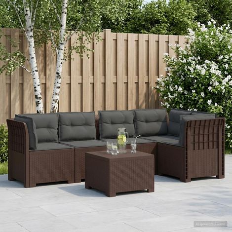 vidaXL Sofá de Jardín de 5 Plazas con Cojines Estilo Ratan PP Marrón (1/5)