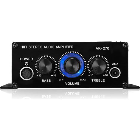 AK270 Mini Amplificateur de Puissance Stéréo à 2 Canaux, Amplificateur Audio Portable 40 W pour Voiture et Maison, de Son d'entrée AUX avec Boutons LED Bleus, Ampli de Haut-Parleur en Alliage (1/5)