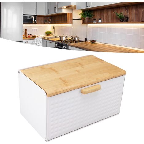 Boîte à Pain en Bois Vintage Bois Bambou et Métal Grande Capacité 35.5x21.5x20cm Blanc (1/5)