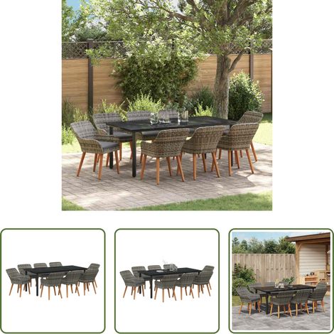 vidaXL Gartentisch - Garten Essgruppe mit Kissen 9 pcs Grau Poly-Rattan (1/5)
