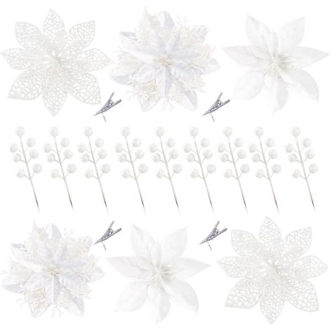 30 pièces de poinsettias artificiels à paillettes, 3 styles différents, avec pinces pour sapin de Noël (blanc).-AquaForge (1/3)