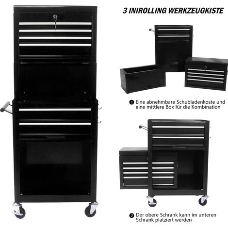 Armoire à outils sur roues,6 boutons de réglage,4 roues universelles,organisateur 2 en 1 pour atelier de réparation,finition noire.