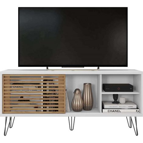 Meuble TV en bois avec 1 porte coloris Blanc, chêne buriti - longueur 136 x profondeur 36 x hauteur 46 cm -PEGANE- (1/2)