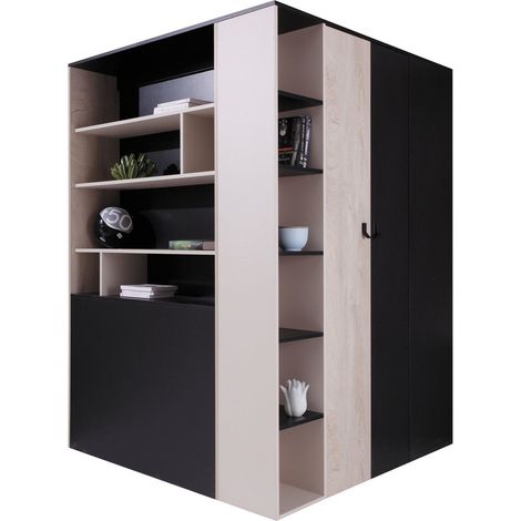 Armoire d'angle Camteso 113, Noir + Chêne + Beige, 190x135x135cm, Portes d'armoire: Avec des charnières, Nombre d'étagères: 12
