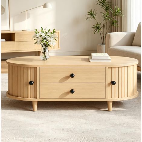 Mesa de centro 100x50x36 cm color madera clara en MDF con puertas enrollables, 2 cajones y patas de madera maciza (1/5)
