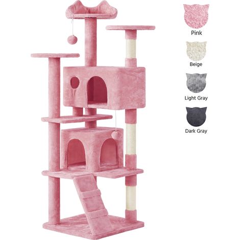 Yaheetech Albero Tiragraffi per Gatti 178 cm con 3 Posatoi 2 Palle 2 Condomini 3 Tiragraffi a Corda di Sisal Gioco Giocattolo Rosa (1/5)