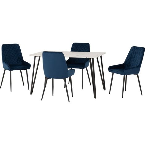 Marlow & Avery Indoor Dining Set with 4 Chairs - White Marble/Sapphire Blue Velvet