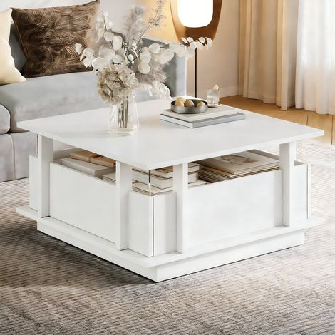 Tavolino da caffè 70x70x35 cm bianco lucido in truciolare con 2 cassetti, LED e divisori in acrilico (1/5)