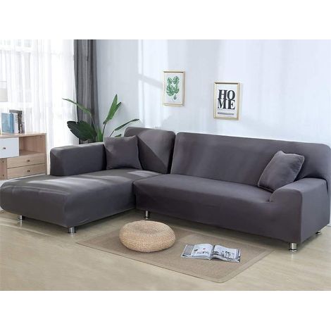 Soft, non-slip polyester fabric sofa cover for L-shaped sofas, 2-piece set, L-shaped, 3+4 seater section, Grey (1/5)