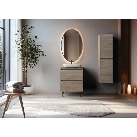Mobile da bagno 60 cm con piano di lavoro superiore + piedini per mobili, Colore: Rovere Scuro, 60 x 46 x 80,7 cm (1/5)