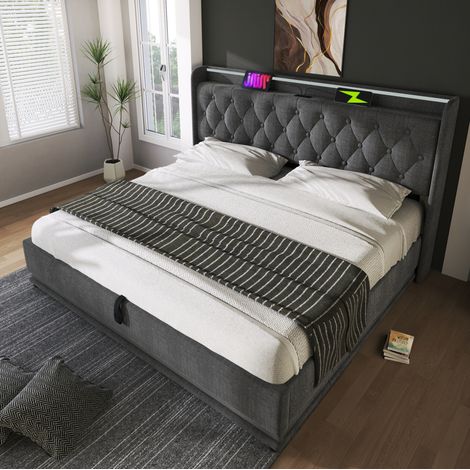 Cama doble hidráulica con almacenaje LED USB gris OKMYHOME (1/5)