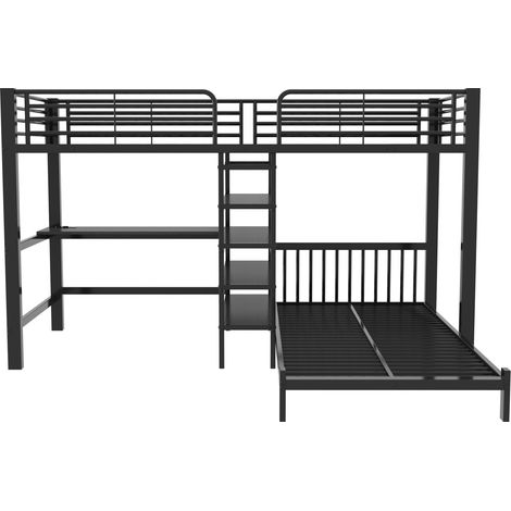 Cama alta 90 x 200 cm de metal y MDF negro con escritorio y almacenaje (1/5)