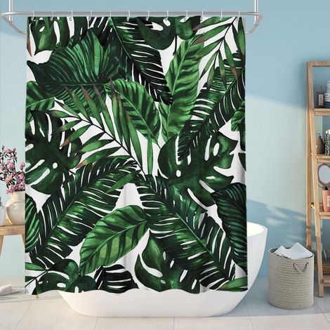 Rideau de douche en polyester résistant à motif feuille de cactus avec 12 crochets, 180 x 180 cm (Feuille verte C) (1/5)