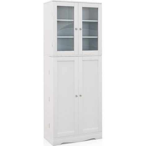 Goplus – Armoire de rangement haute 60x31,5x161,5 cm – 2 placards, 10 compartiments, 4 étagères – Dispositif anti-basculement, verre trempé – Blanc (1/5)