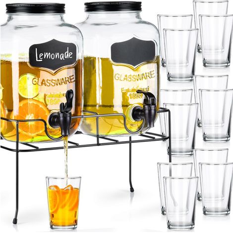 Distributeur de boissons en verre avec robinet - 2 pièces - avec 2 verres- Verseuse en verre avec robinet et support - Distributeur de boissons - 4 l (1/5)