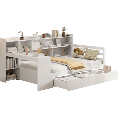 Canapé lit bois massif 90x200, bureau bibliothèque étagères, prise, 2 grands compartiments, lit bois multifonction, blanc, matelas non inclus, gain de place, pour chambre enfant (1/5)