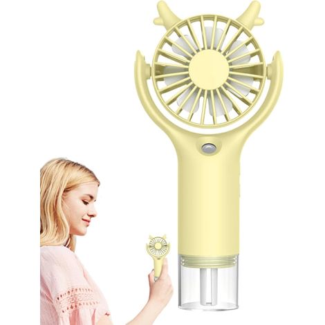 Ventilador nebulizador recargable con 3 velocidades de enfriamiento ajustables, alimentado por USB, apto para el hogar, camping y uso en exteriores, color amarillo. (1/5)