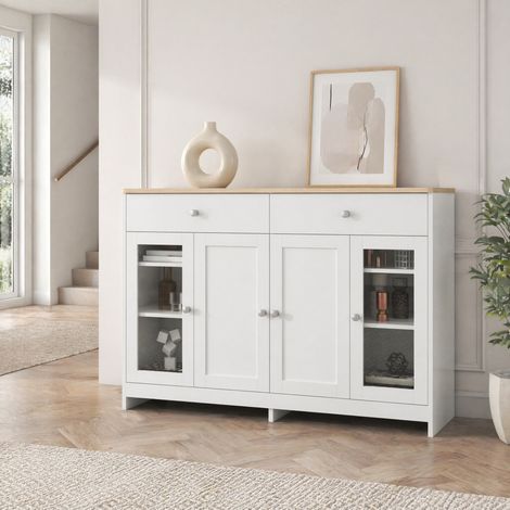 MEUBLIV Credenza 120x37x80 cm bianca effetto legno – 4 ante, 2 cassetti, ante in vetro (1/5)