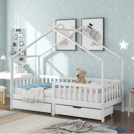 Kinderbett aus Massivholz Weiß 90x200 cm, Hausbett mit Zaun, 2 Schubladen, Lattenrost (1/5)