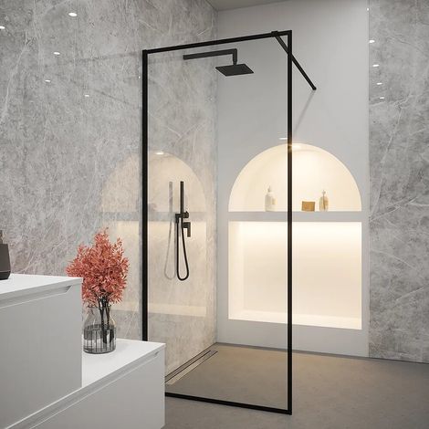 Douche à l italienne pleine hauteur 70 cm verre transparent profilés noirs Rodi (1/4)