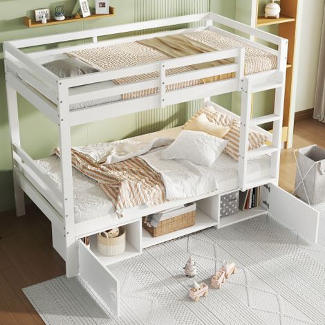 Okwish – Lit superposé 90x200 cm enfant 2 places – Étagères à chaussures et casiers intégrés – Pin et MDF – Capacité 100 kg