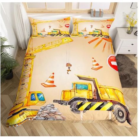 Garçon Excavatrice Parure de Lit bâtiment Jaune Camion Réversible Housse de Couette 220x240cm bâtiment Construction véhicule - L0I (1/4)