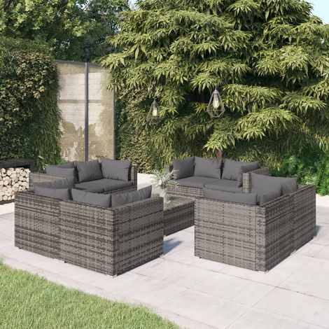Salon de jardin 9 pcs avec coussins Résine tressée Gris (1/5)