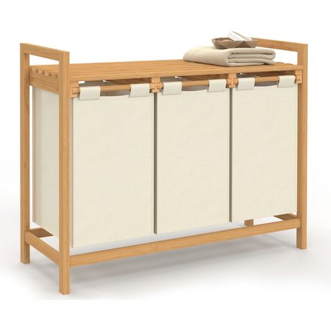 Idmarket – Panier à linge 3 bacs en bambou – Compartiments coulissants en tissu écru – Dimensions 90x33x73 cm – Capacité 39L x3