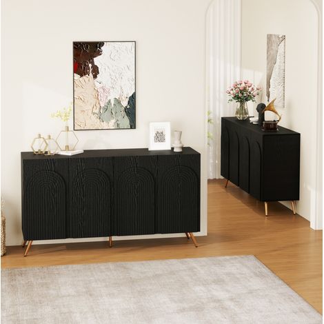 Aparador con puertas arqueadas y estrías 3D, baldas regulables, patas metálicas doradas, tablero de partículas negro (1/5)